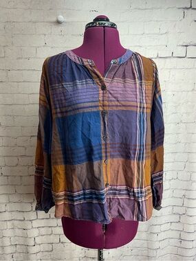 Madewell size large plaid peasant top blue and purple plaid